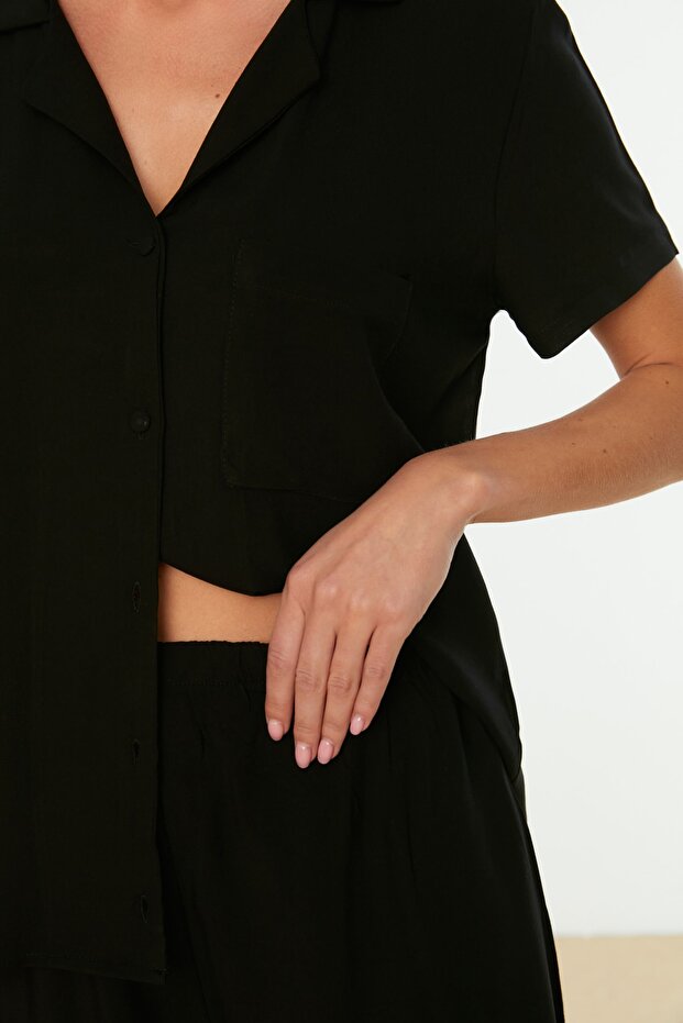 Siyah Viskon Şortlu Dokuma Pijama Takımı THMSS19PT0004 - 4