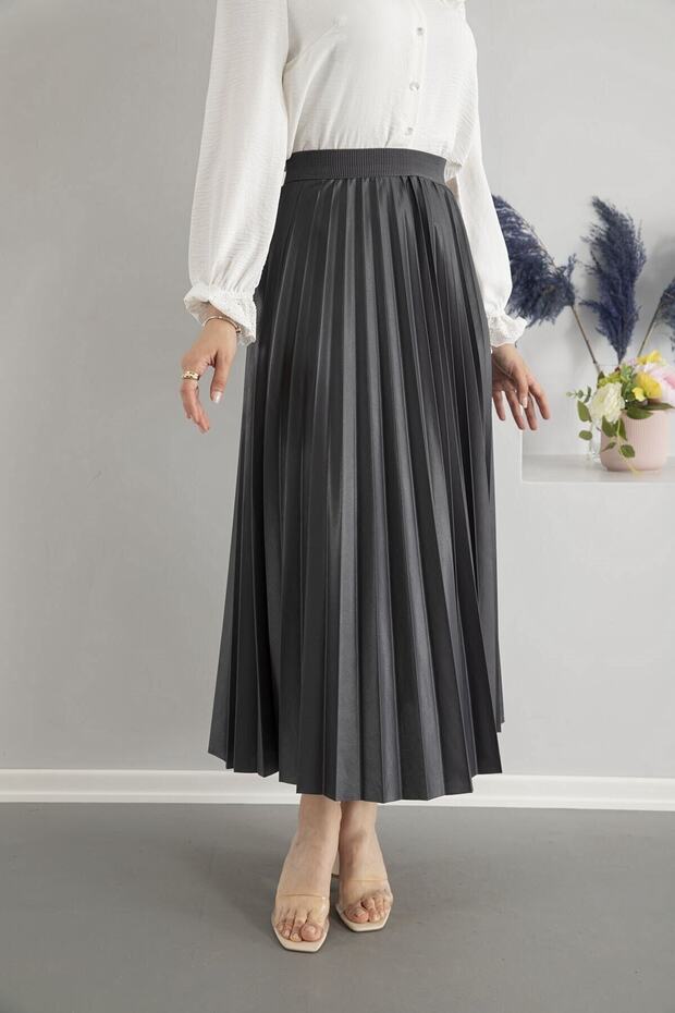 Deri Görünümlü Piliseli Etek Antrasit - 2