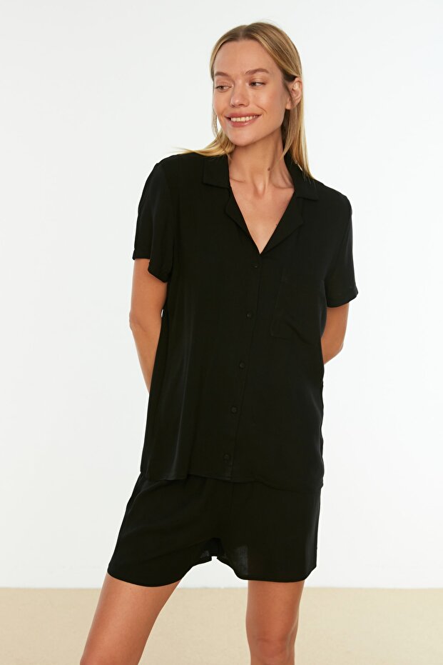 Siyah Viskon Şortlu Dokuma Pijama Takımı THMSS19PT0004 - 3