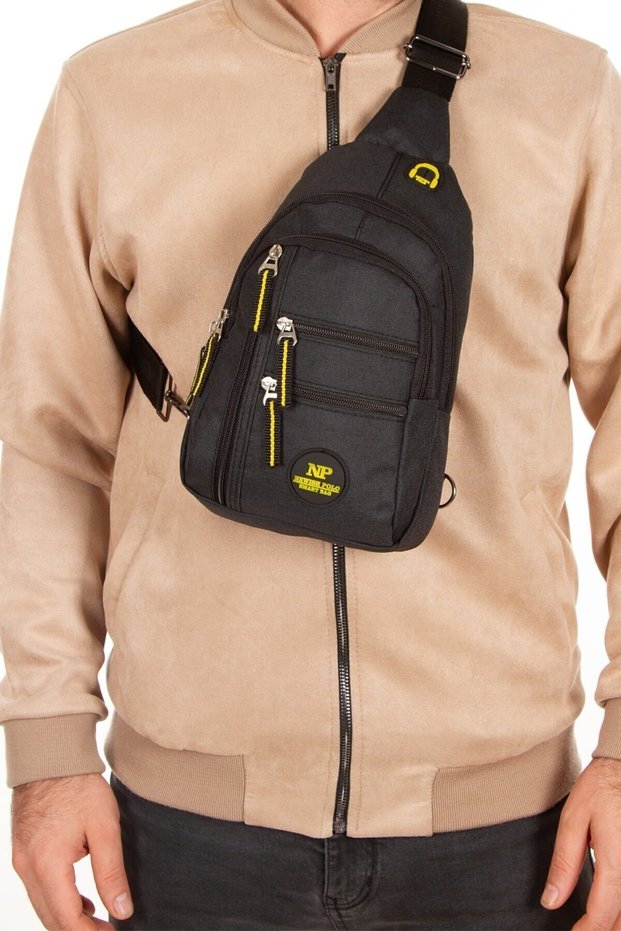 2033 Shoulder and Waist Bag with Headphones and USB Port Black-yellow