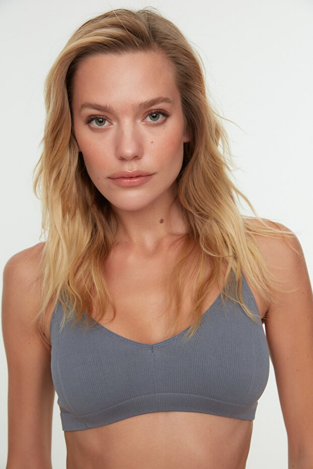 Gri Seamless/Dikişsiz İp Askılı Balensiz Kapsız Bralette Örme Sütyen THMAW22SU0030 - 5