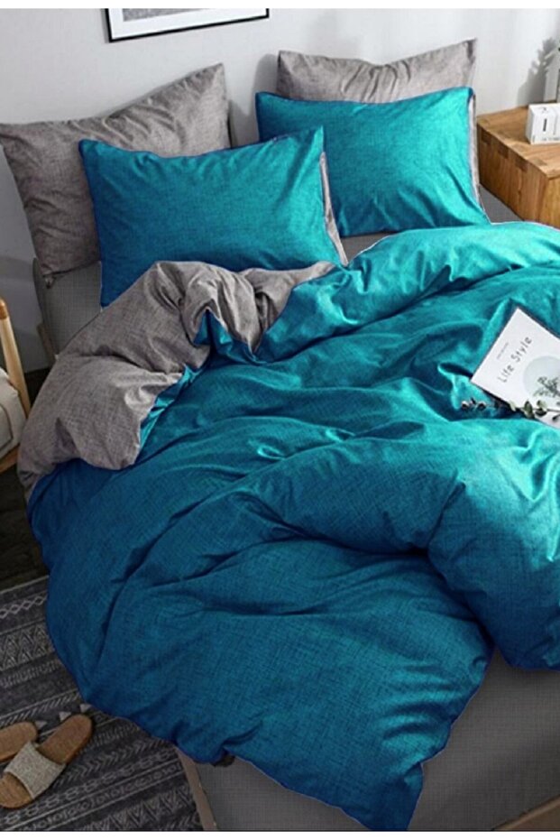 100% Natural Cotton Double Duvet Cover Set Red Turquoise