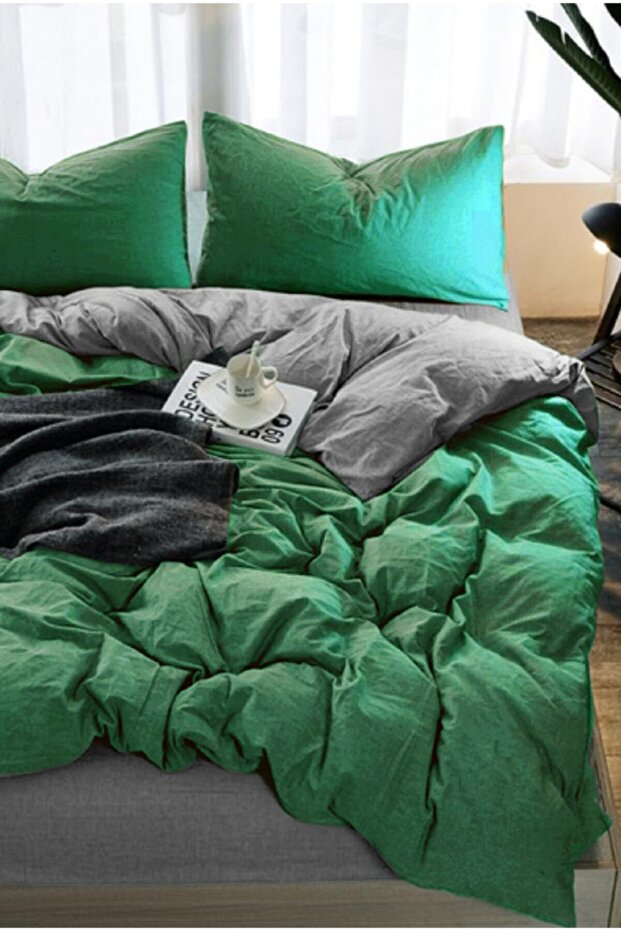 100% Natural Cotton Double Duvet Cover Set Green Gray