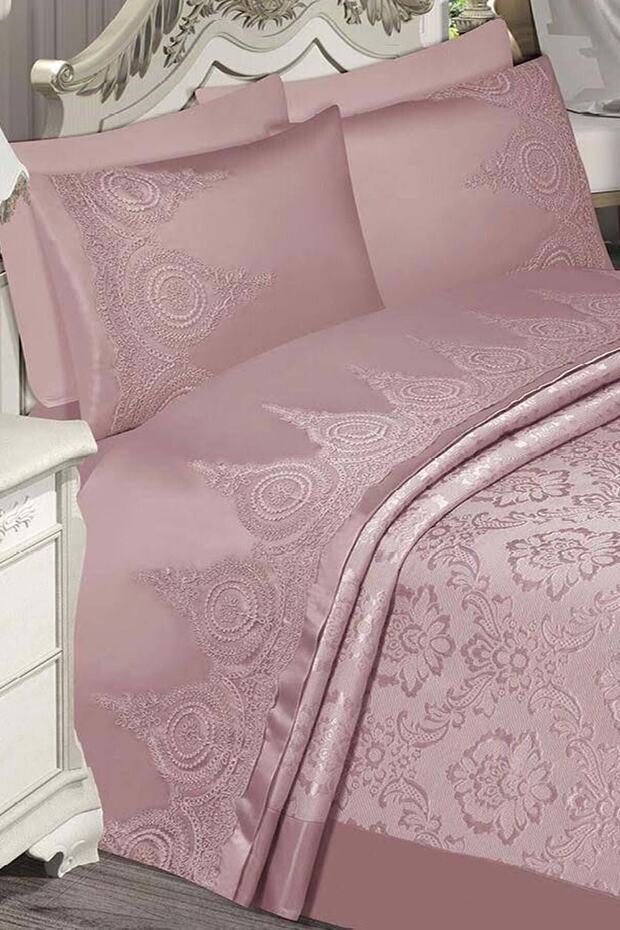 Nisa Powder Pink French Guipure Lace Chenille 6-Piece Double Piqué Pique Bedspread Set, Bedspread Set