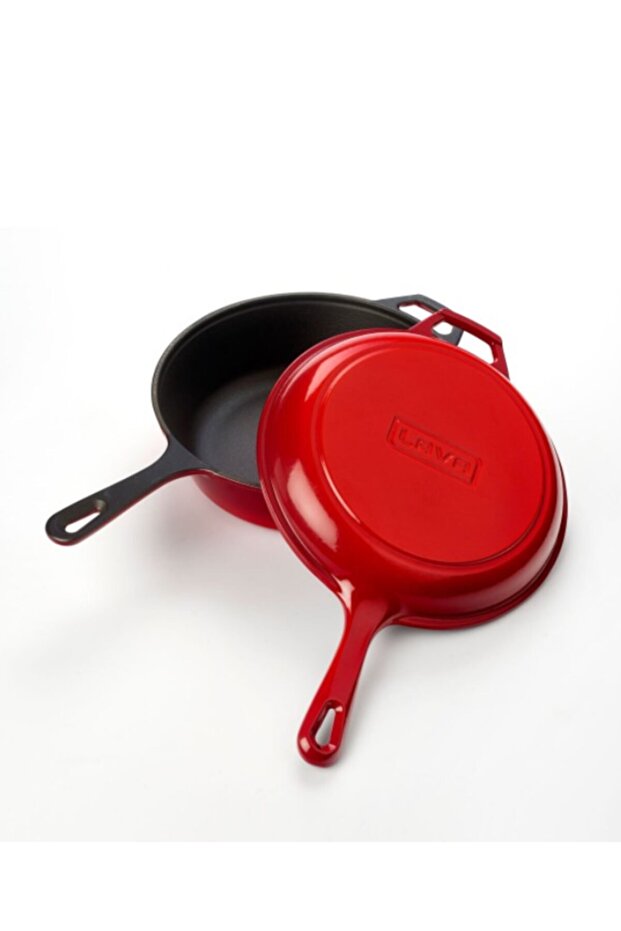 Cast Iron Combo Deep Pan Pot 26 Cm Metal Handle with Lid (Red)