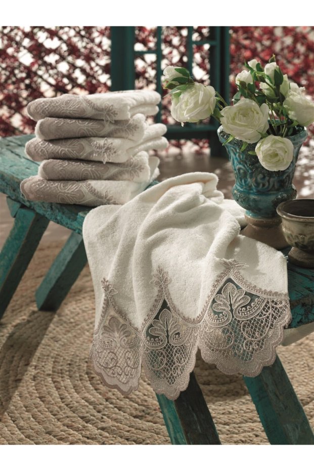 Kod-5600 50 X 90 French Guipure Bamboo Towel (Pack of 6) - Cream