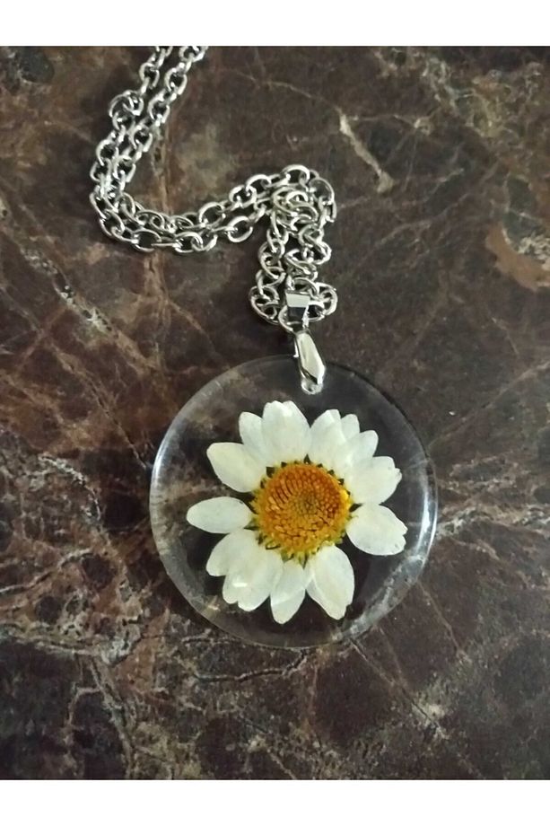 Yaşayan Canlı Kolye-kurutulmuş Çiçekler-beyaz Papatya Modeli - 1