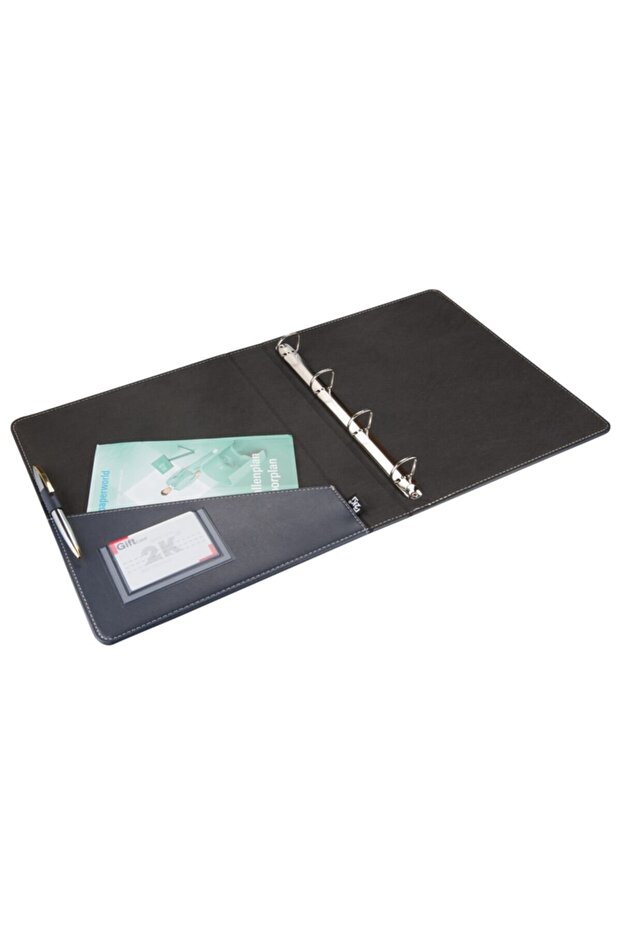 A4 Artificial Leather 4-Ring Elite Document Presentation Folder (250 Sheets Capacity) - Navy Blue - 2