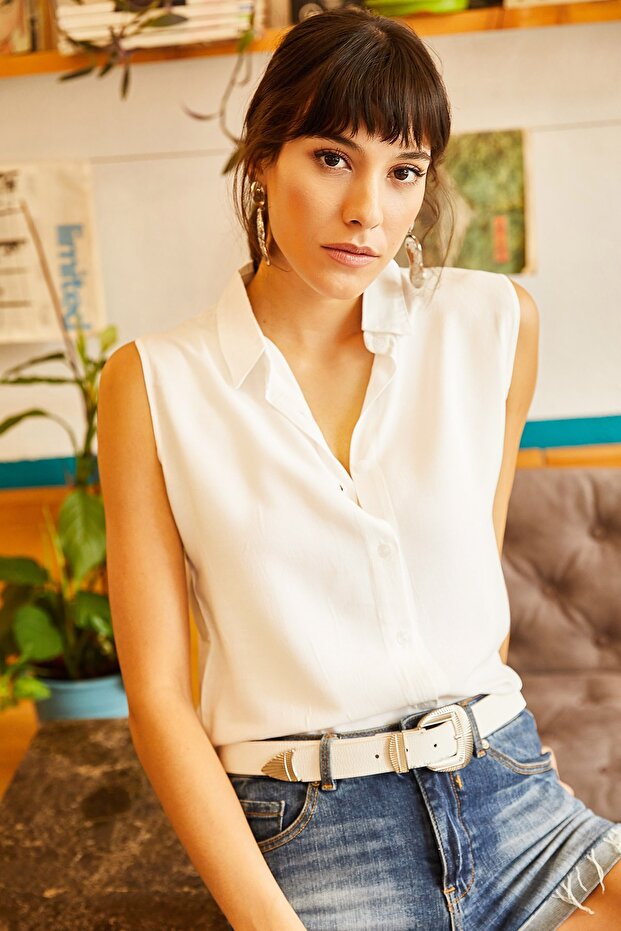 Women's Ecru Sleeveless Viscose Shirt GML-19000631