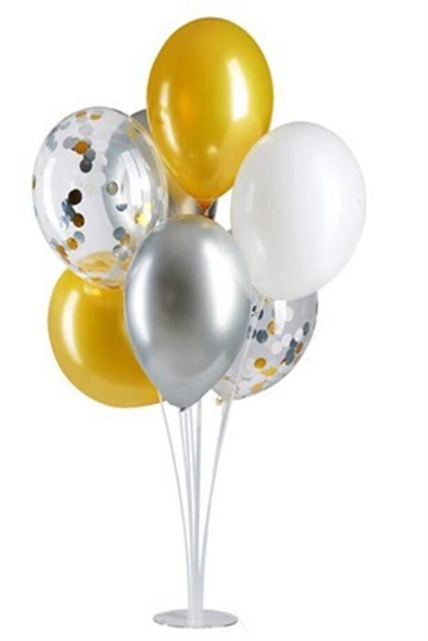 Gold Silver Confetti Balloon Stand - 1 Stand and 10 Balloons