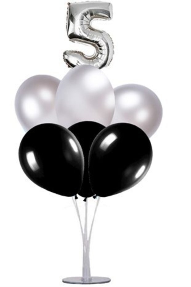 Black Silver 5 Year Old Balloon Stand - 1 Stand and 10 Metallic Balloons and 50 cm Foil Balloons