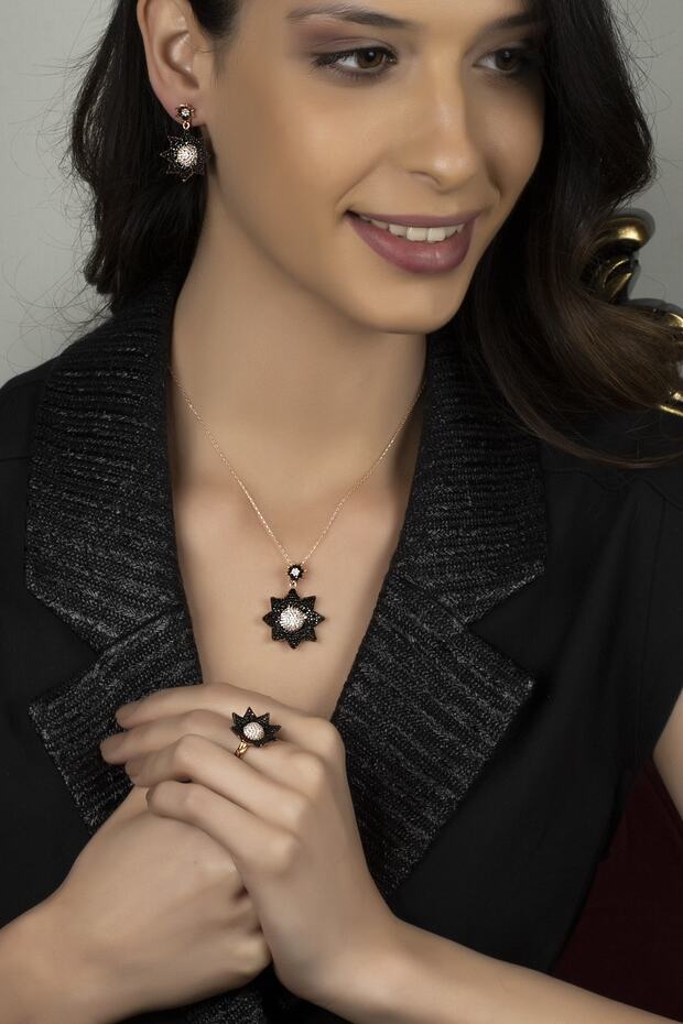 Gümüş Zirkon Taşlı " Çiçek Model " Tasarım Yüzük-kolye-küpe Set - 1