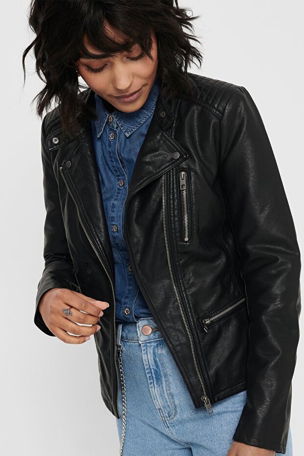 Kadın Siyah Deri Ceket 15110802 - 4