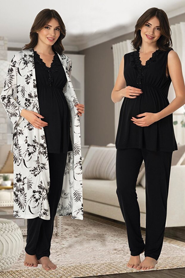 Women's Black Pattern Maternity Pajamas Set with Dressing Gown 8034
