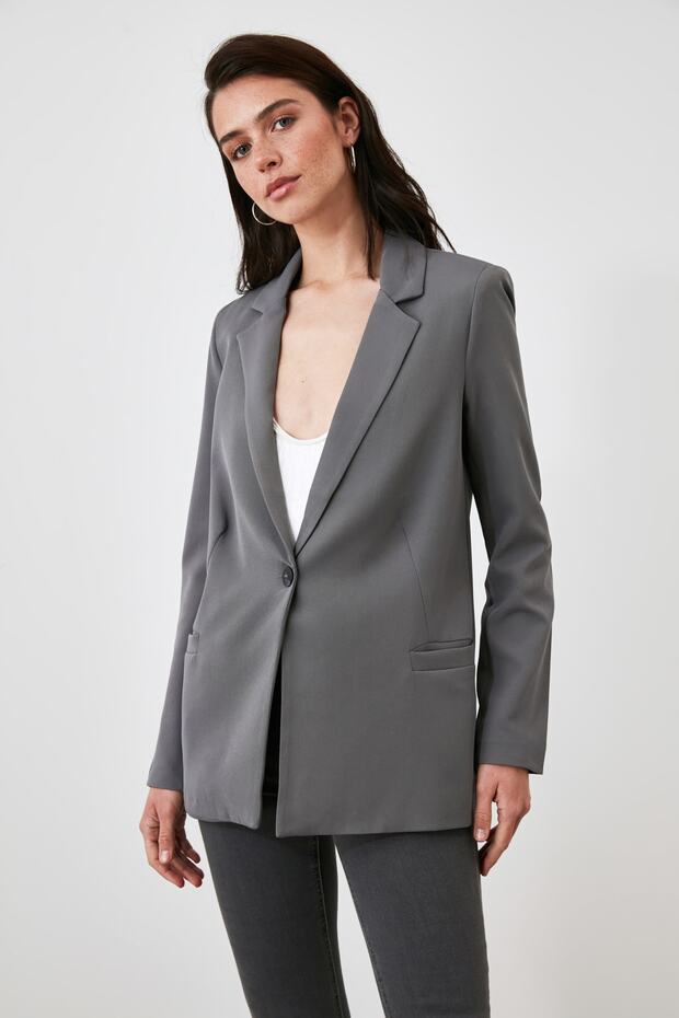 Gri Regular Astar Detaylı Dokuma Blazer Ceket TWOAW20CE0316 - 12