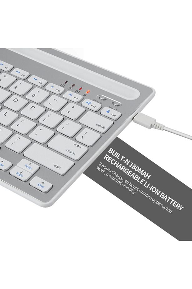 Beyaz Bluetooth Ultra Ince+şarjlı Mac/win/android/ıos Uyumlu Tablet Standlı Kablosuz Klavye - 4