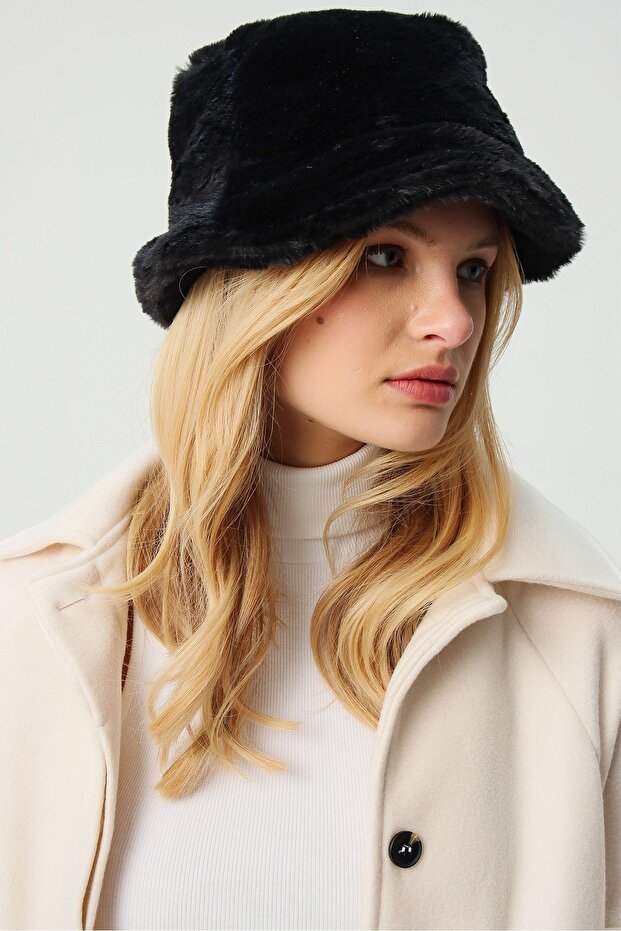 Damski kapelusz typu Bucket z czarnym futrem ALC-A2060 - 1