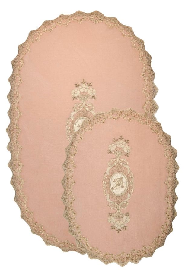 Pudra Lisa 2li Oval Çeyizlik Fransız Dantelli Aplikli Klozet Takımı Banyo Paspas Seti - 1