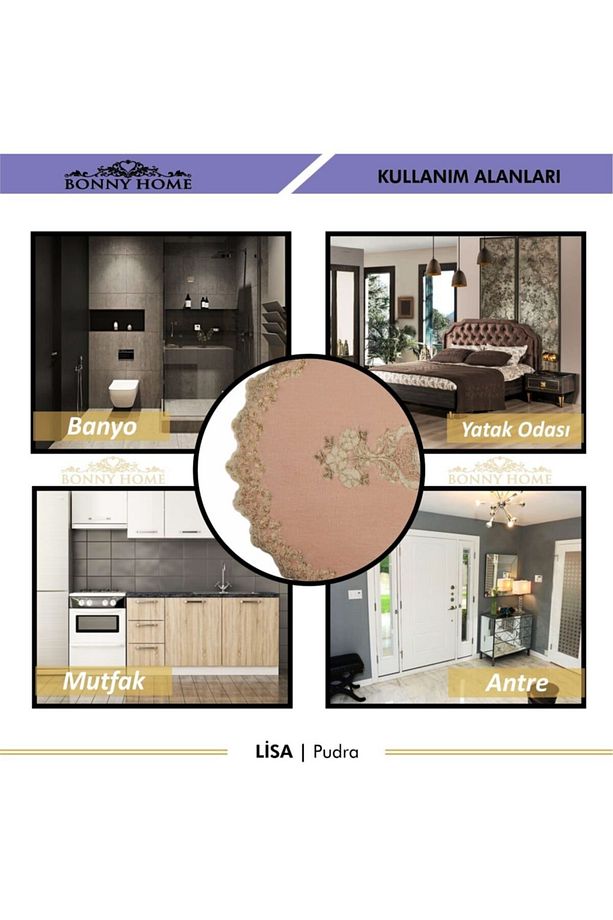 Pudra Lisa 2li Oval Çeyizlik Fransız Dantelli Aplikli Klozet Takımı Banyo Paspas Seti - 6