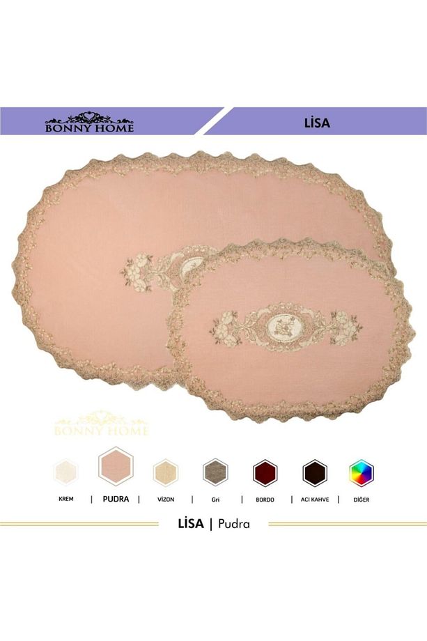 Pudra Lisa 2li Oval Çeyizlik Fransız Dantelli Aplikli Klozet Takımı Banyo Paspas Seti - 7