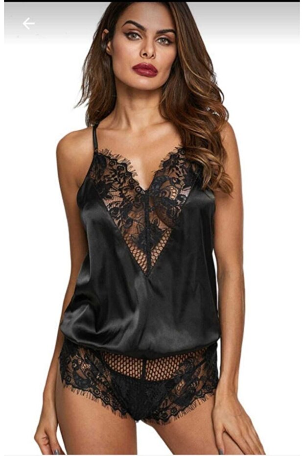 Kadın Siyah Mini Saten Tulum Sexy Gecelik - 2