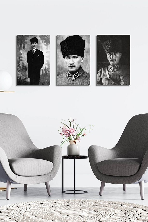 Atatürk Tablosu 3 Lü Set Duvar Tablosu - 1