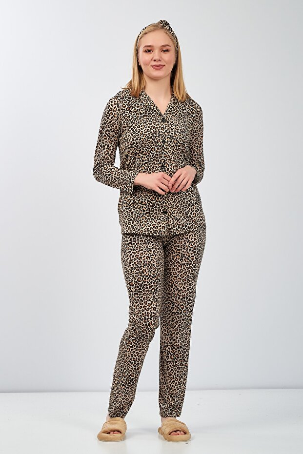 Women's Brown Leopard Pattern Pajama Set with Hair Band as a Gift