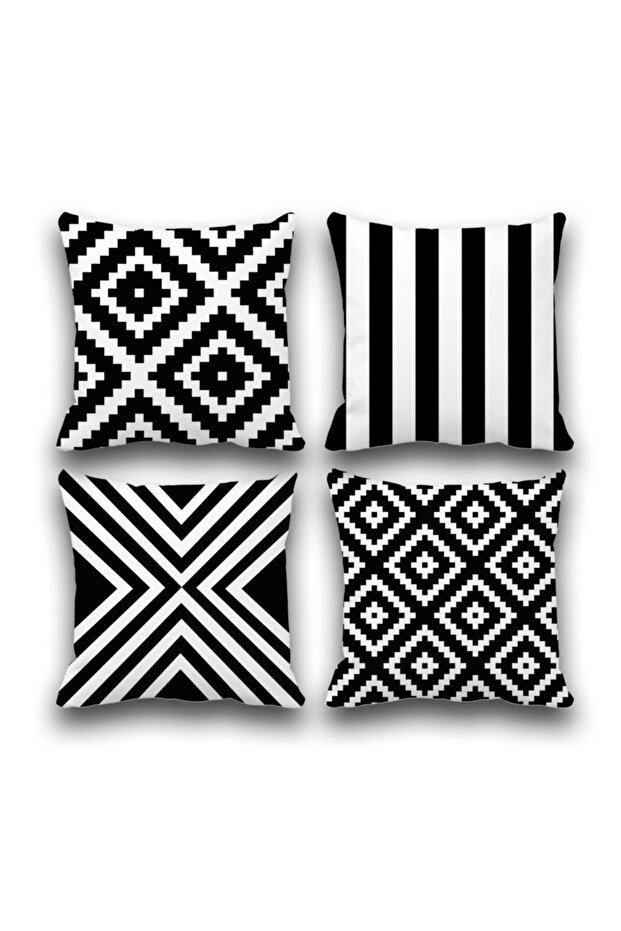 Double Sided Black Geometry Patterned Set of 4 Digital Printed Throw Pillow Cover