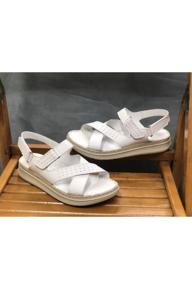 Full Orthopedic Genuine Leather Padded Sole White Velcro Sandals