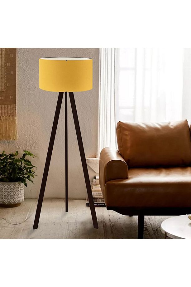 Art Tripod Ahşap Ayaklı Lambader Köşe Lambası Sarı Kumaş - 1