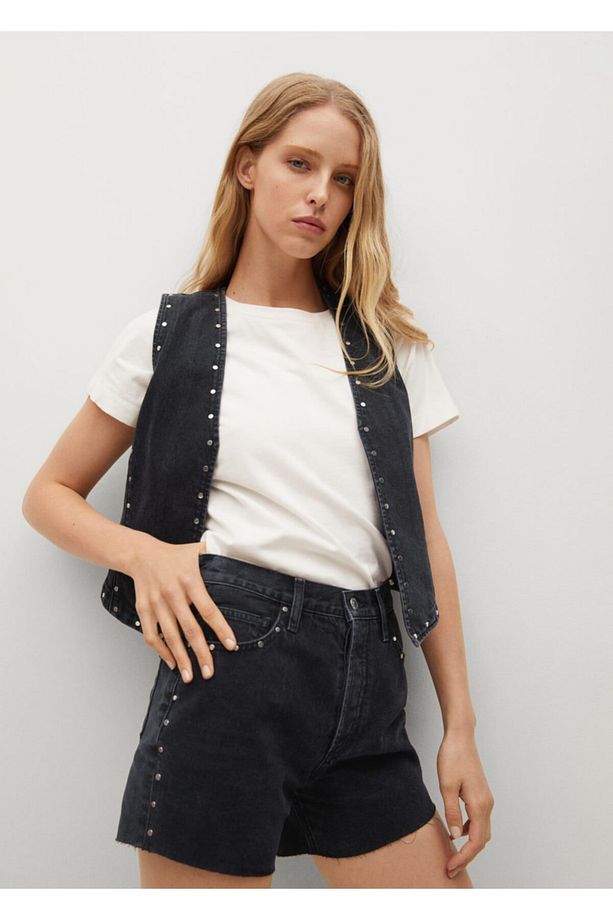 Kadın Siyah denim Zımbalı Kot Şort - 1