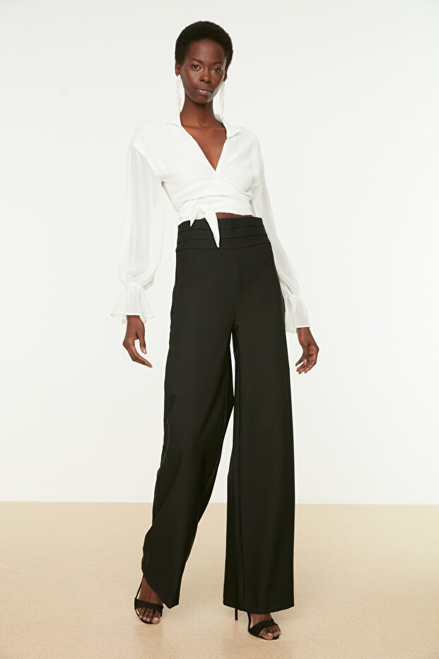 Black High Waist Rib Detailed Trousers TPRSS20PL0105