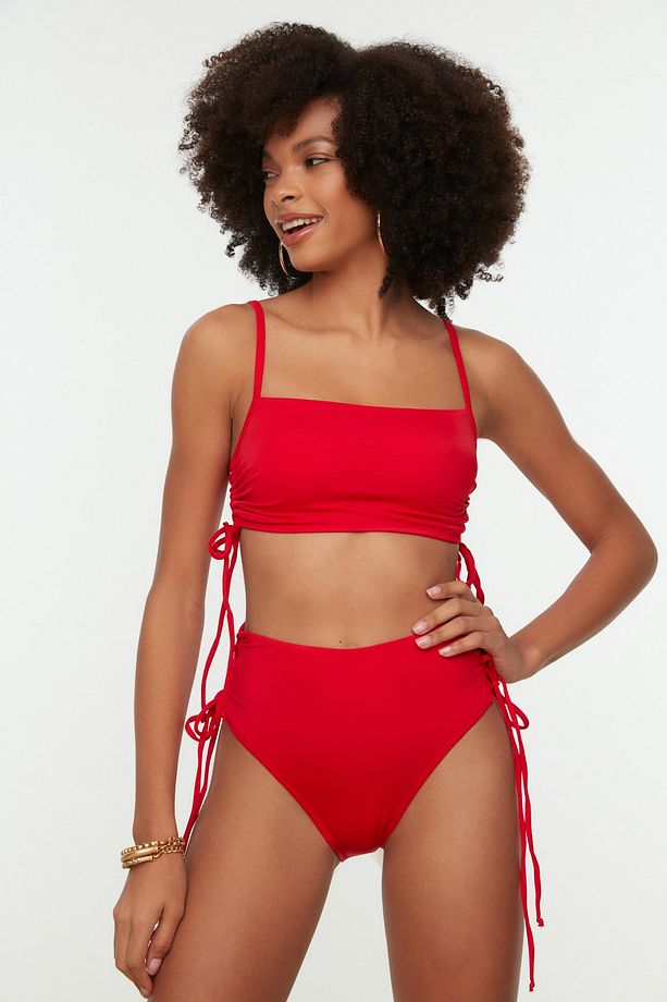 Kırmızı Büzgülü Yüksek Bel Hipster Bikini Altı TBESS22BA0044 - 4