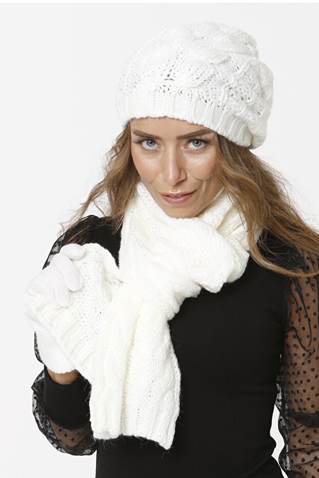 Scarf Beanie Gloves Set - Bone - 3