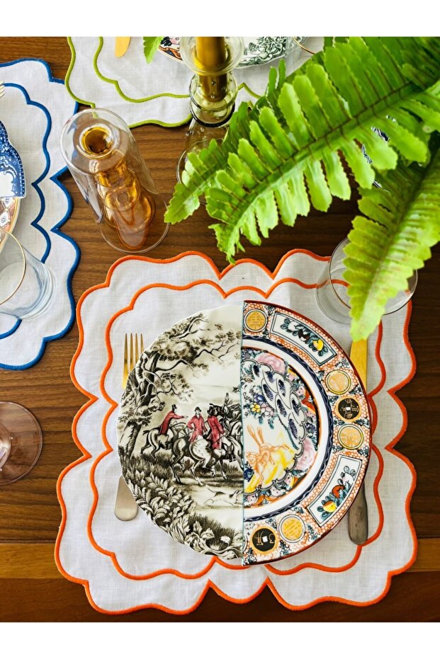 Decorative American Service - 2-Piece Victorian Double Wrap Oval Orange Embroidered Charger
