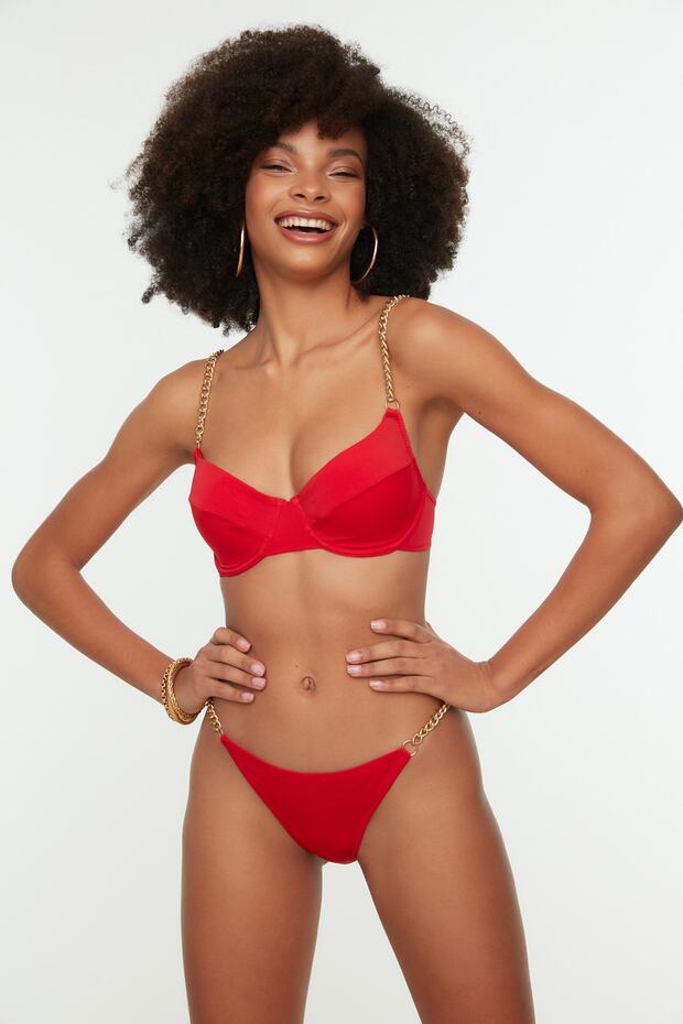 Kırmızı Zincir Aksesuarlı High Leg Brazilian Bikini Altı TBESS22BA0046 - 3