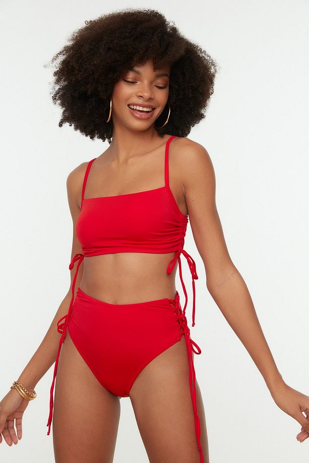 Kırmızı Büzgülü Yüksek Bel Hipster Bikini Altı TBESS22BA0044 - 2