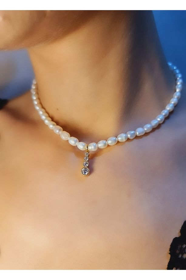 Inci Kolye,choker Inci Kolye,minimal 3 Taşlı Inci Kolye,24k Altın Kaplama, 36 Cm - 2