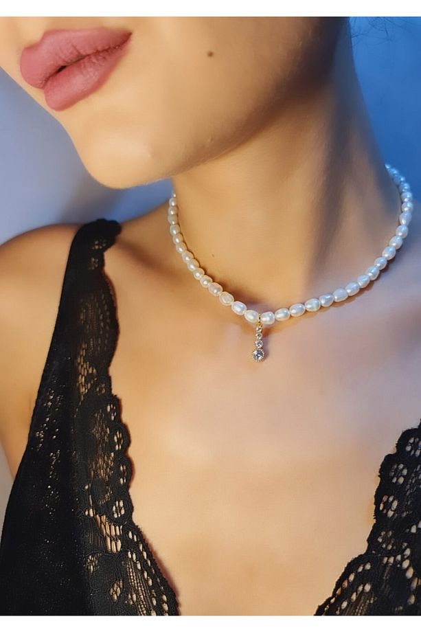 Inci Kolye,choker Inci Kolye,minimal 3 Taşlı Inci Kolye,24k Altın Kaplama, 36 Cm - 3
