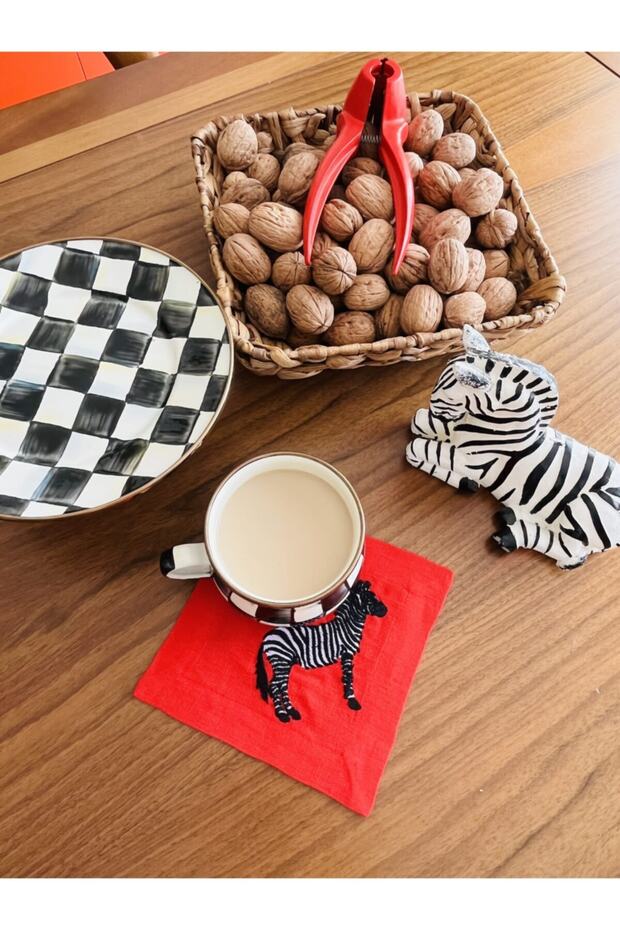 4-Piece Zebra Embroidered 100% Linen Coffee Cup Pad - Cocktail Napkin