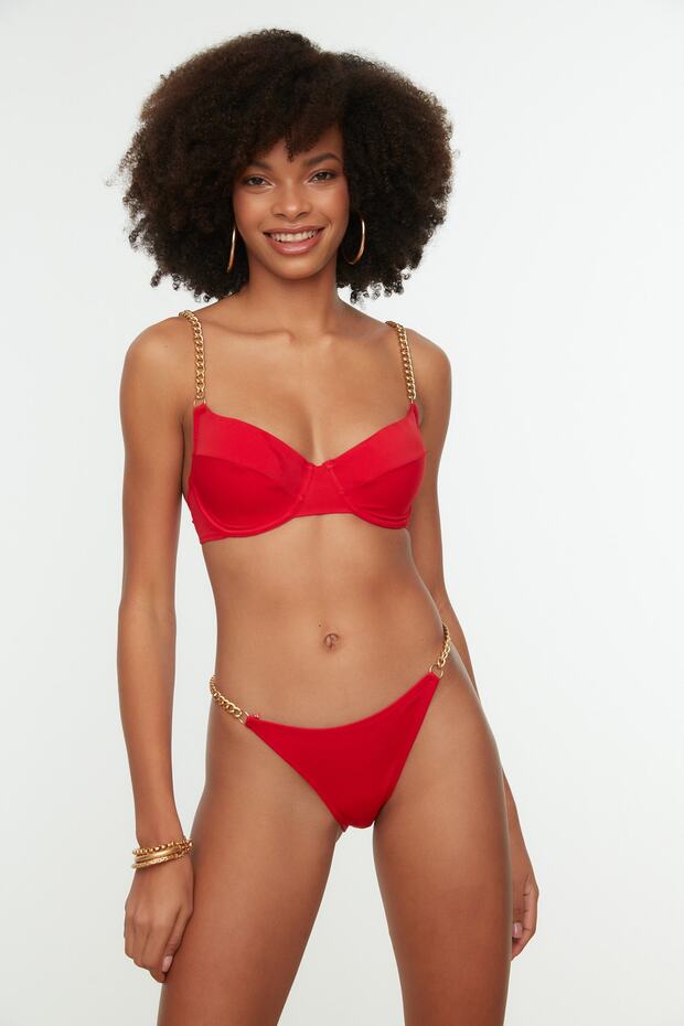 Kırmızı Zincir Aksesuarlı High Leg Brazilian Bikini Altı TBESS22BA0046 - 2