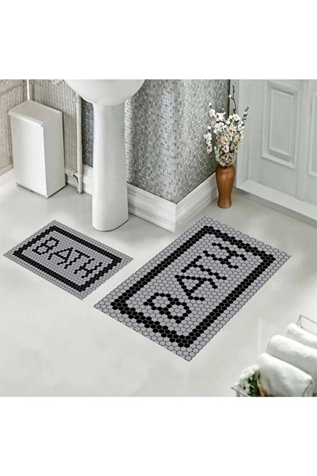 Black Framed Patterned Bathroom Mat with Gray Floor, Toilet Set, 40x60cm and 60x100cm