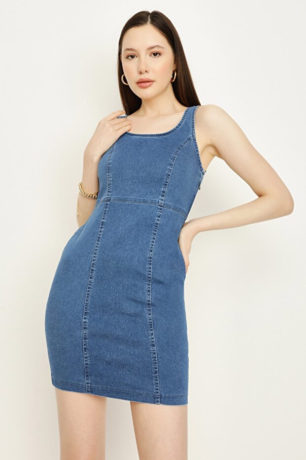 Kadın Mavi Askılı Mini Denim Elbise - 1