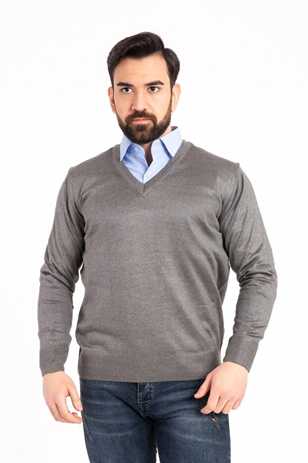 Men's Gray Thin Wool Knitwear V-Neck Knitwear Sweater