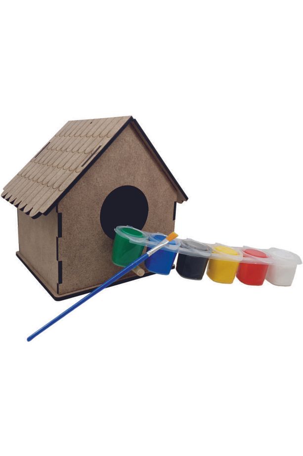Ahşap Kuş Evi Kuş Yuvası 6 Renk Boya Ve Fırçası Ile Birlikte Kolay Kurulum Boyanabilir Set - 1