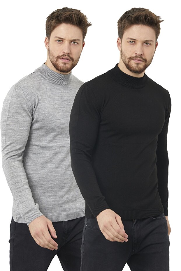 Men's Full Turtleneck Plain Sweater Knitwear 2 Pack (BLACK-GREY)