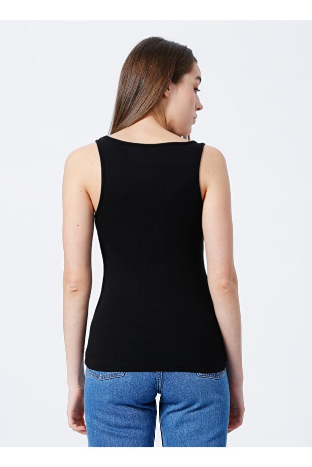 U Yaka  Basic Fitilli Siyah Kadın Atlet  -  K-LORKA - 3