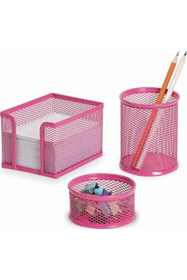 Table Set Paper Clip-Paper Holder-Pencil Holder 3 L Metal Perforated Pink F0033 M.O