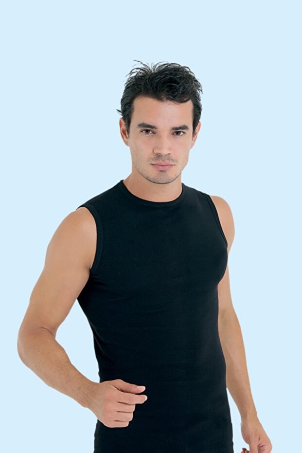 3' Black Rib Men's Crew Neck Sleeve Undershirt
