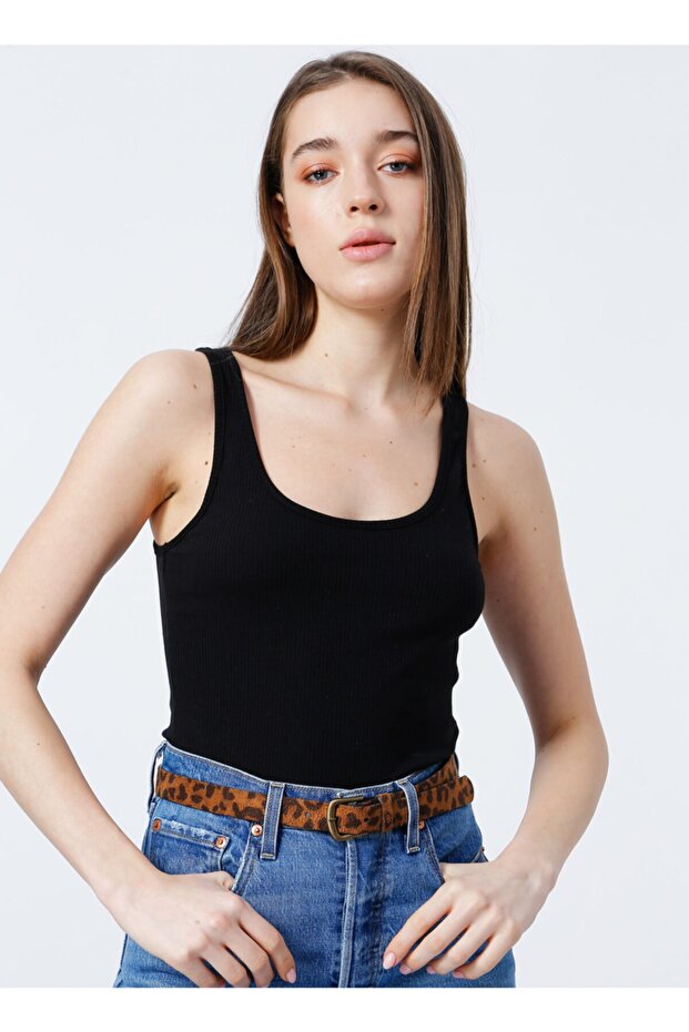 U Yaka  Basic Fitilli Siyah Kadın Atlet  -  K-LORKA - 4